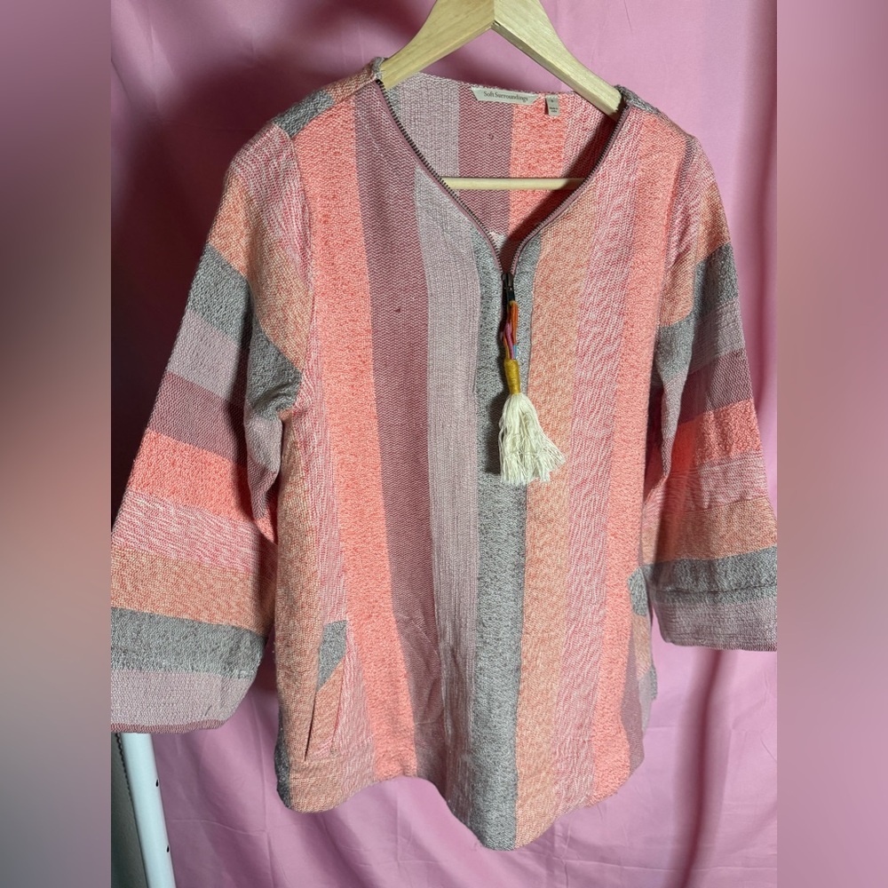 Boho Oversized Striped Pink & Gray Tassel Zip Pullover, Size S